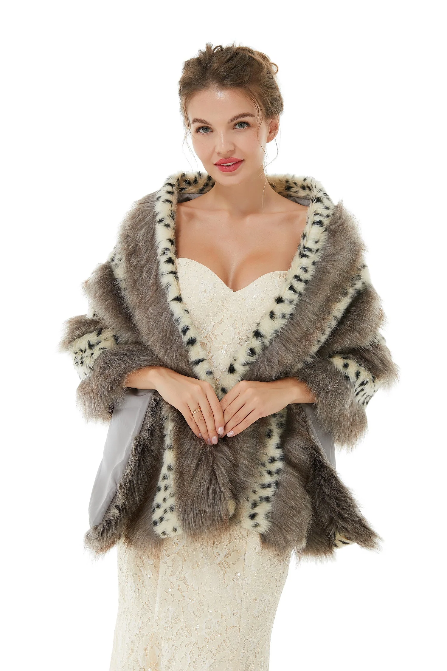Gray Stripe Faux Fur Black and White Wedding Shawl For Bride - Image 3
