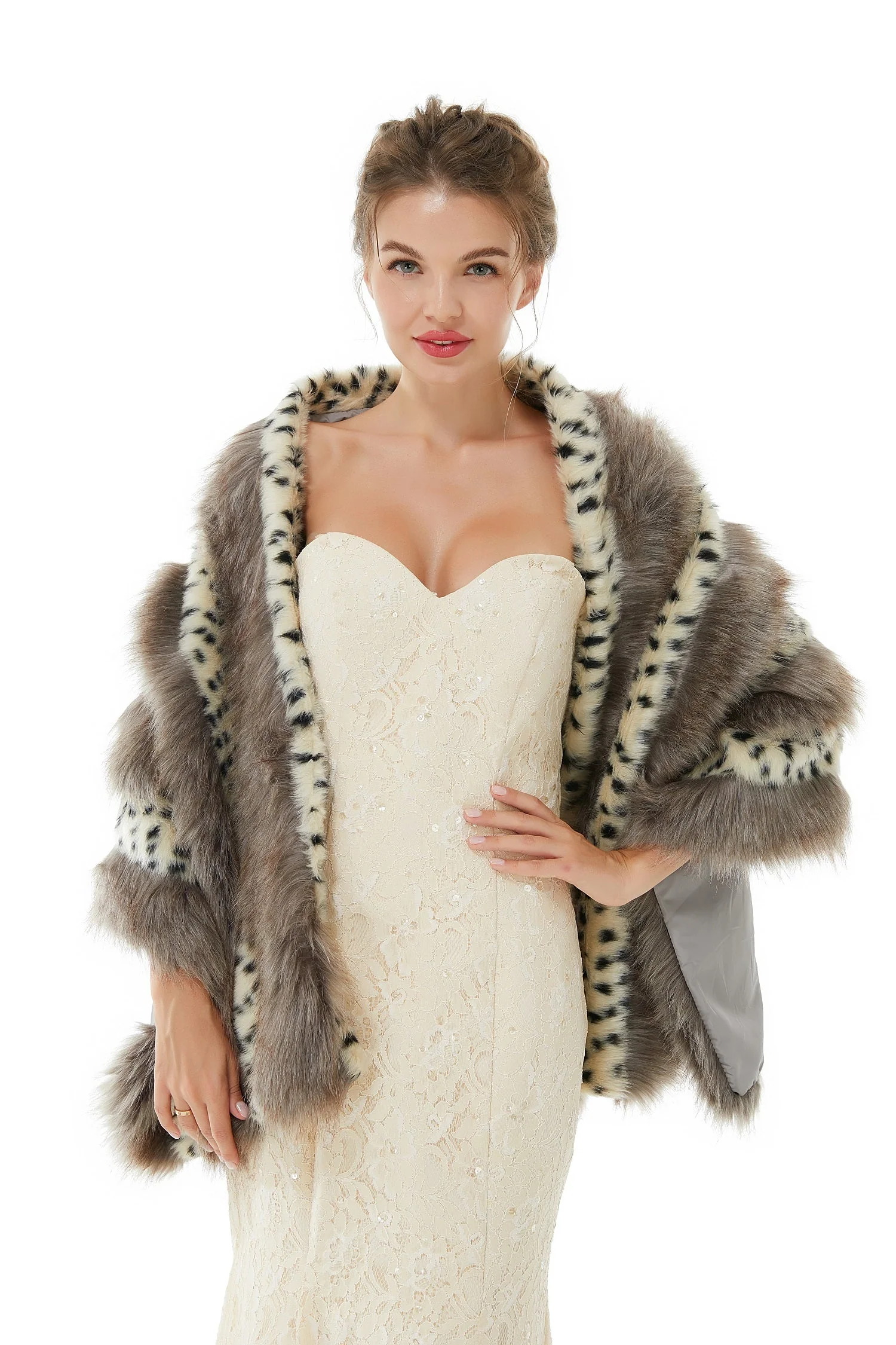 Gray Stripe Faux Fur Black and White Wedding Shawl For Bride - Image 4