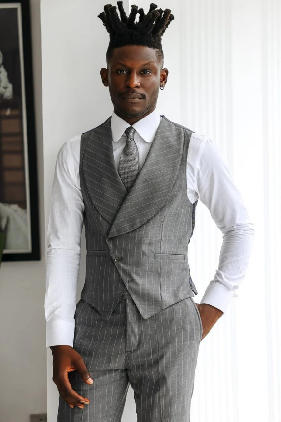 Gray Striped Peaked Lapel 3-Piece Prom Suit - Image 3