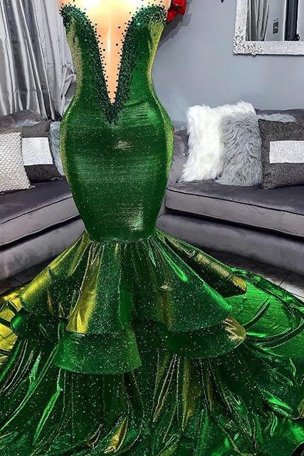 Green Gorgeous Ruffles Mermaid Prom Dresses Chic Sweetheart Appliques Long Evening Dresses - Image 2