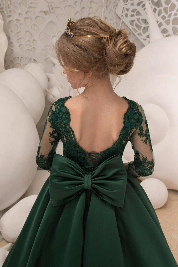 Green Jewel Lace Backless Bowtie Long Sleeves Floor Length Girl Party  Flower Girl Dresses - Image 2