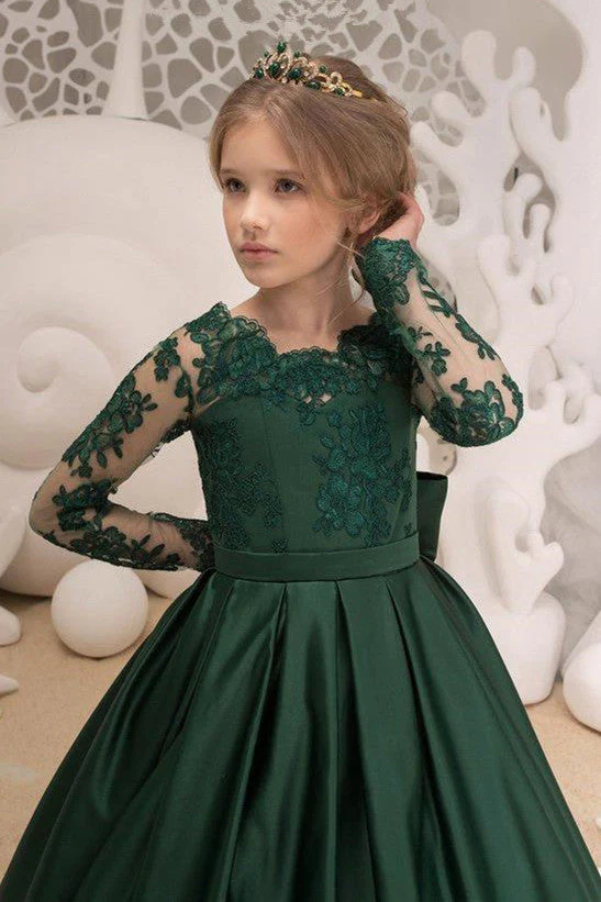 Green Jewel Lace Backless Bowtie Long Sleeves Floor Length Girl Party  Flower Girl Dresses - Image 3