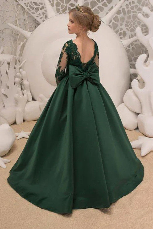 Green Jewel Lace Backless Bowtie Long Sleeves Floor Length Girl Party  Flower Girl Dresses - Image 4
