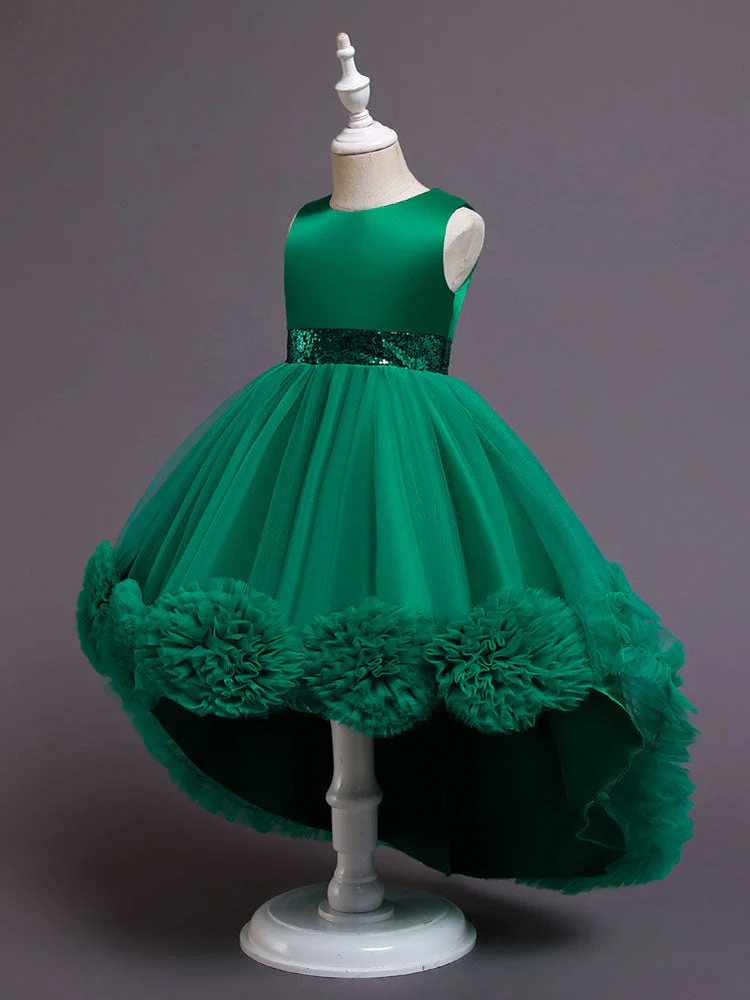 Green Jewel Neck Sleeveless Bows Tulle Cotton Sequined Kids Party Dresses - Image 3