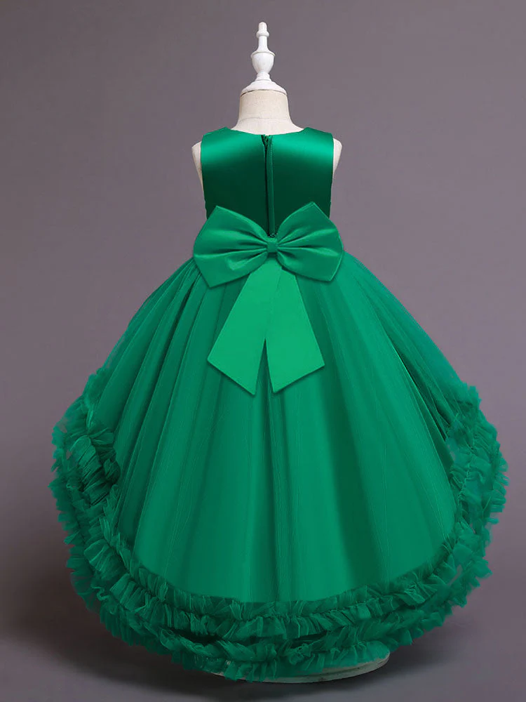 Green Jewel Neck Sleeveless Bows Tulle Cotton Sequined Kids Party Dresses - Image 4
