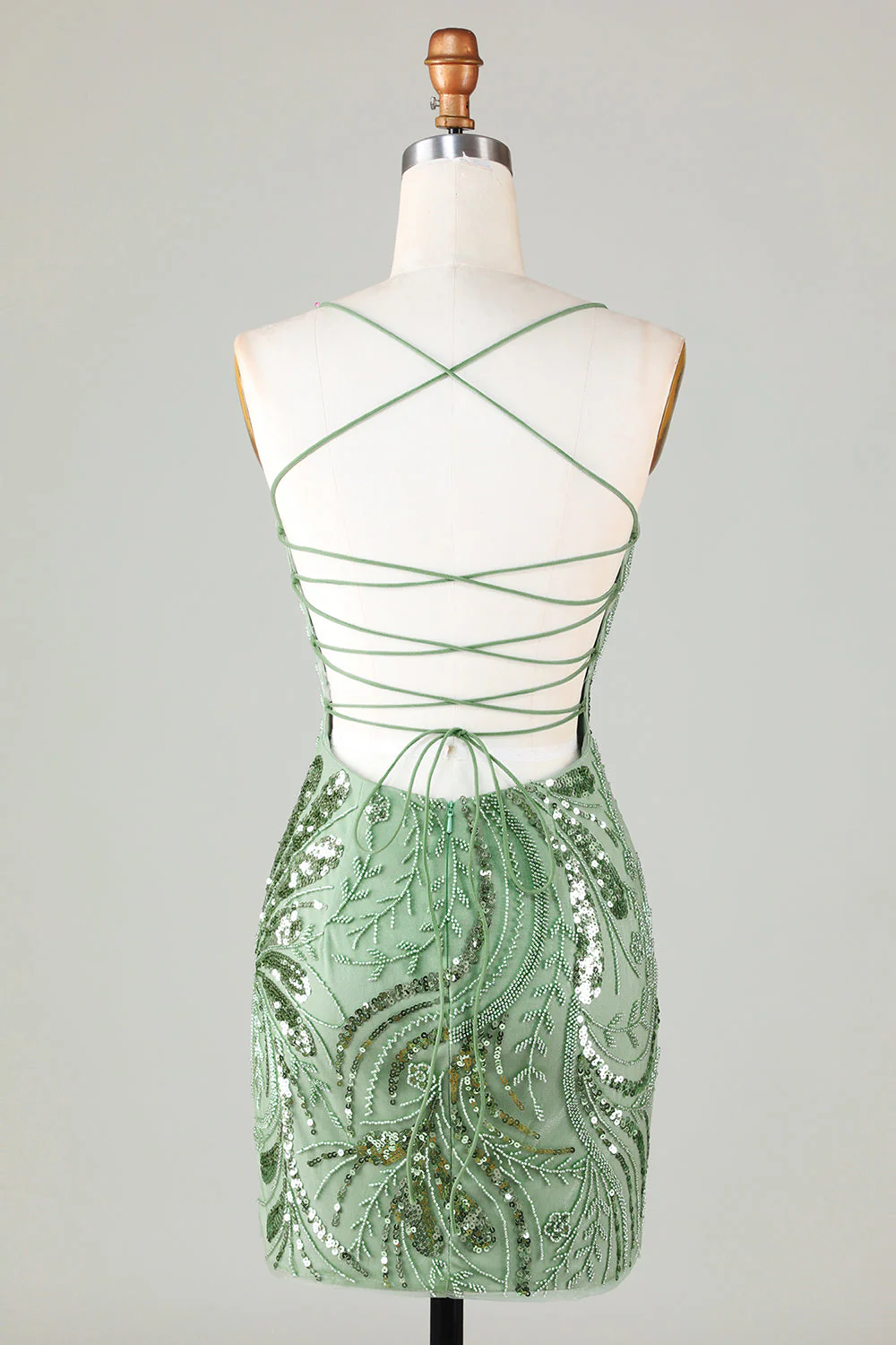 Green Sparkly Sheath Spaghetti Strap Homecoming Dress with Criss Cross Back - Image 2