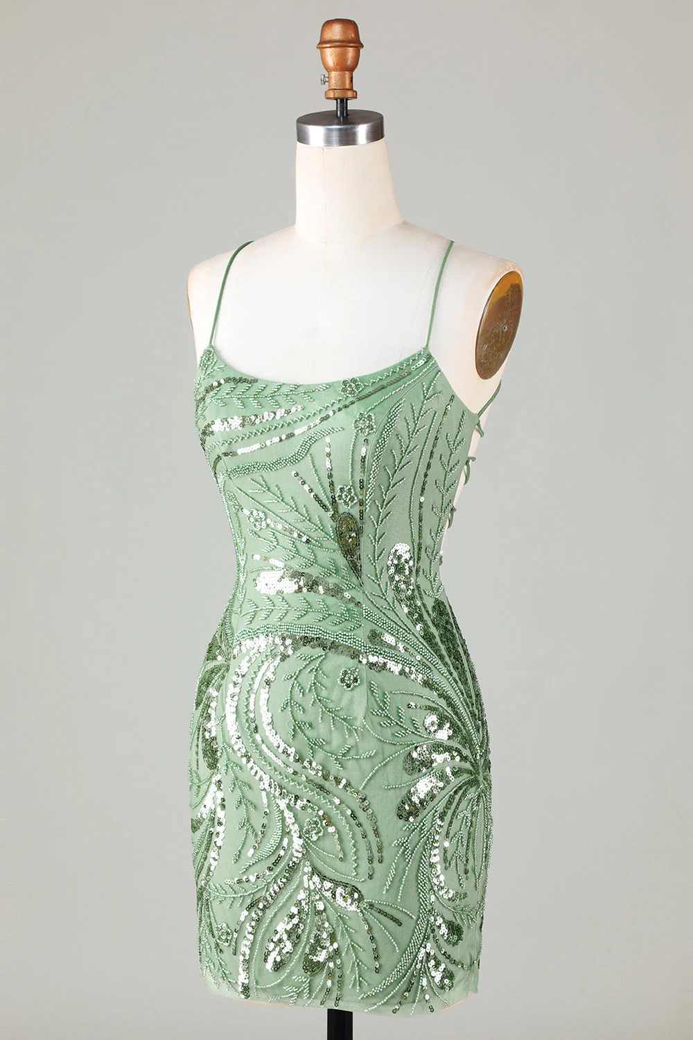 Green Sparkly Sheath Spaghetti Strap Homecoming Dress with Criss Cross Back - Image 3