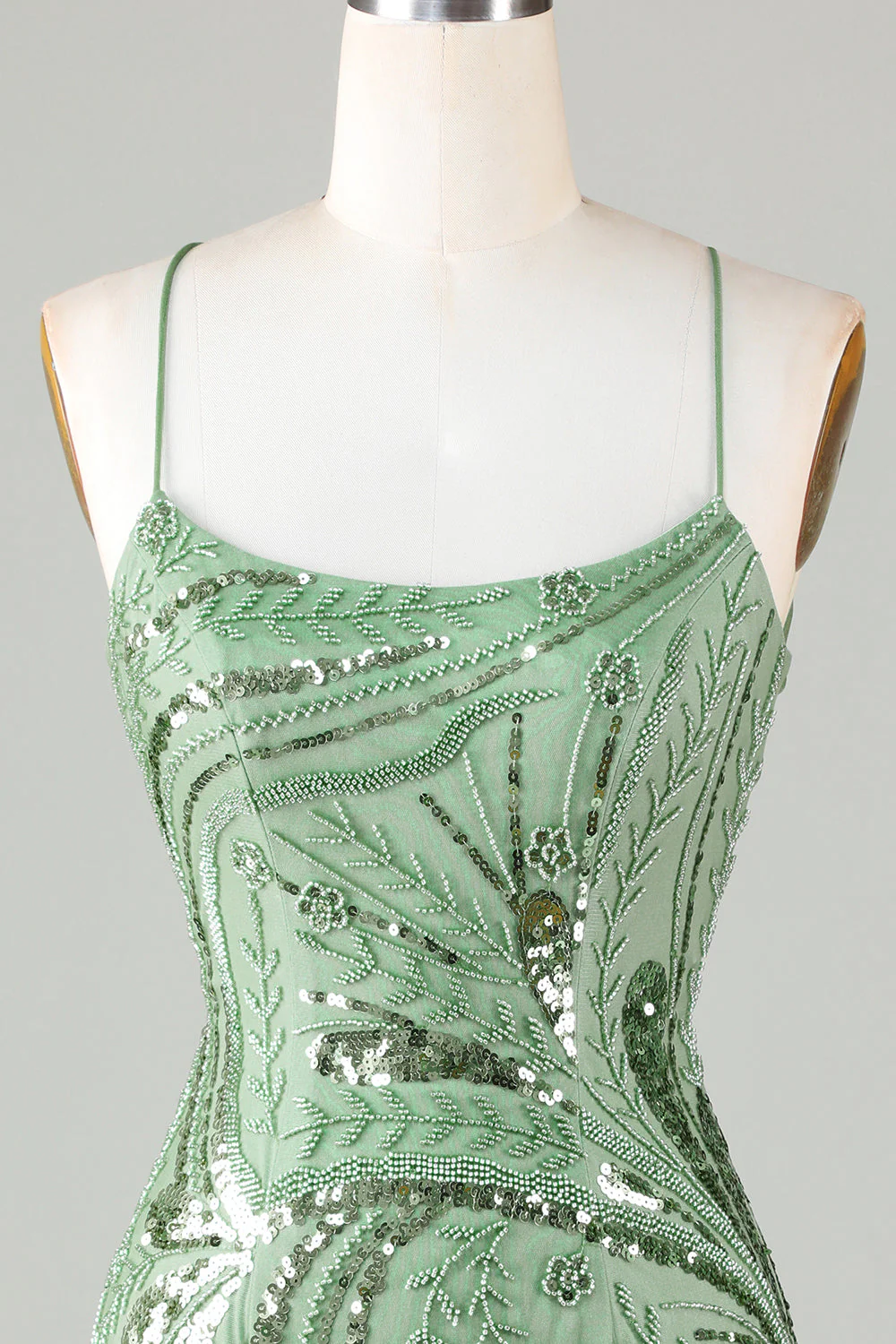 Green Sparkly Sheath Spaghetti Strap Homecoming Dress with Criss Cross Back - Image 4