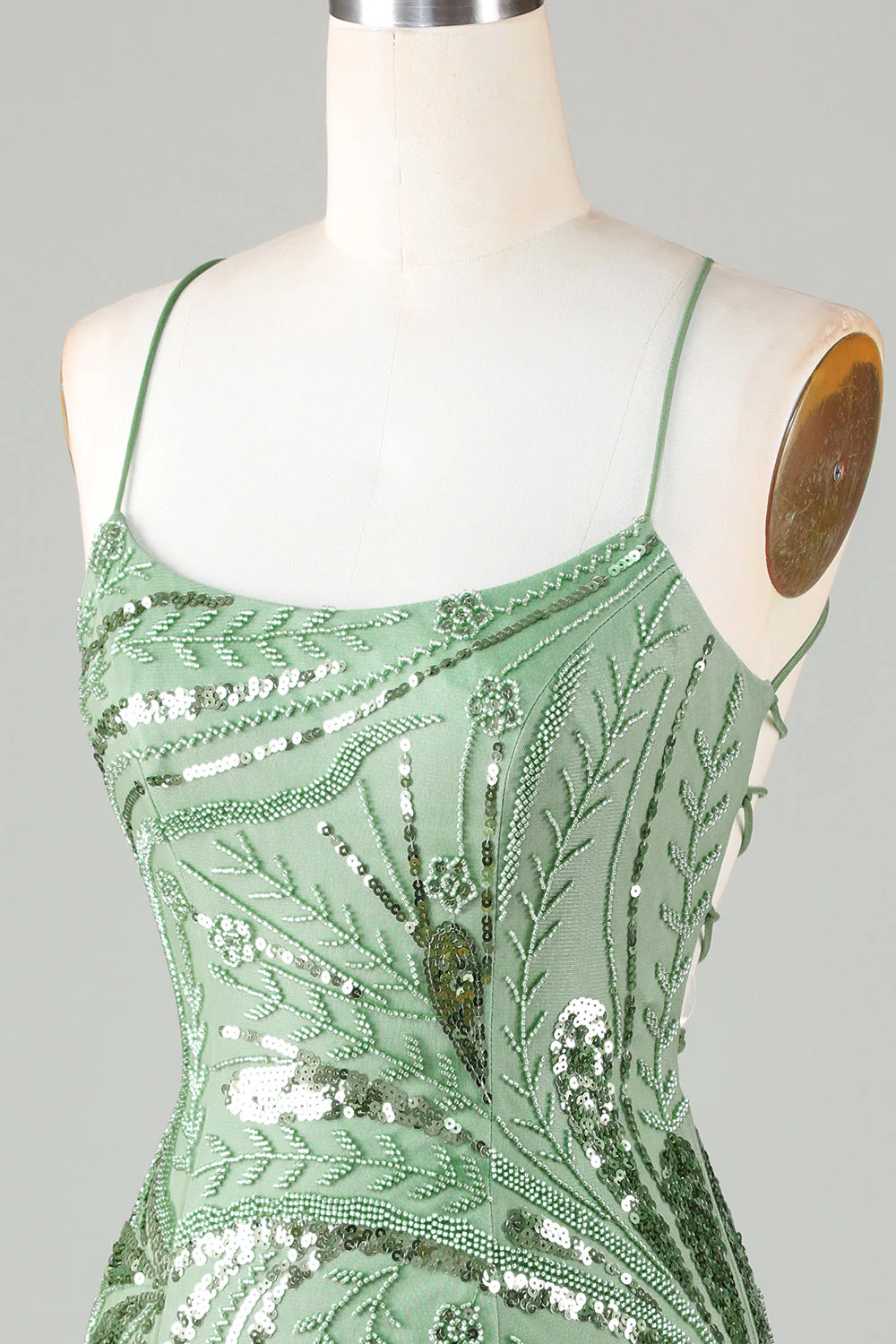 Green Sparkly Sheath Spaghetti Strap Homecoming Dress with Criss Cross Back - Image 5