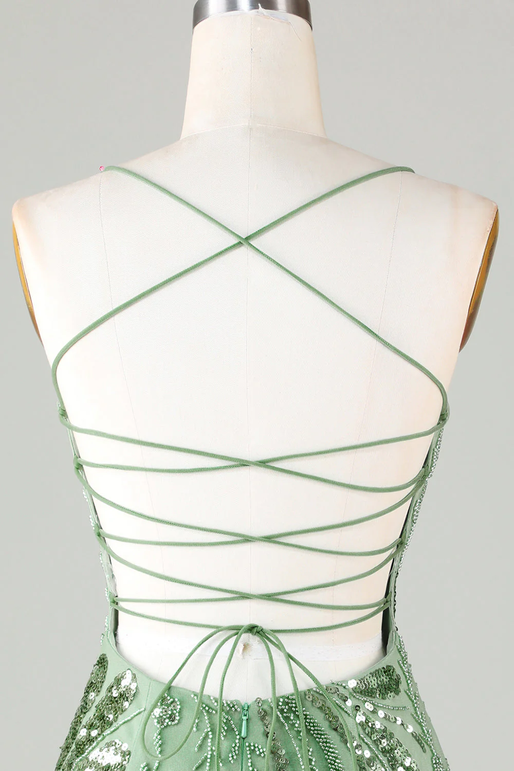 Green Sparkly Sheath Spaghetti Strap Homecoming Dress with Criss Cross Back - Image 6