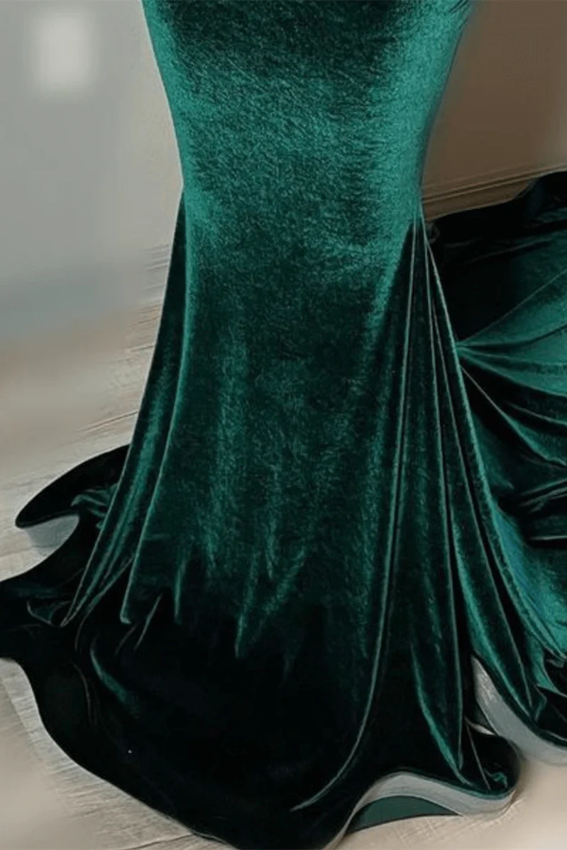 Green Velvet Mermaid Beadings Sheer Tulle Sexy Prom Dress - Image 2