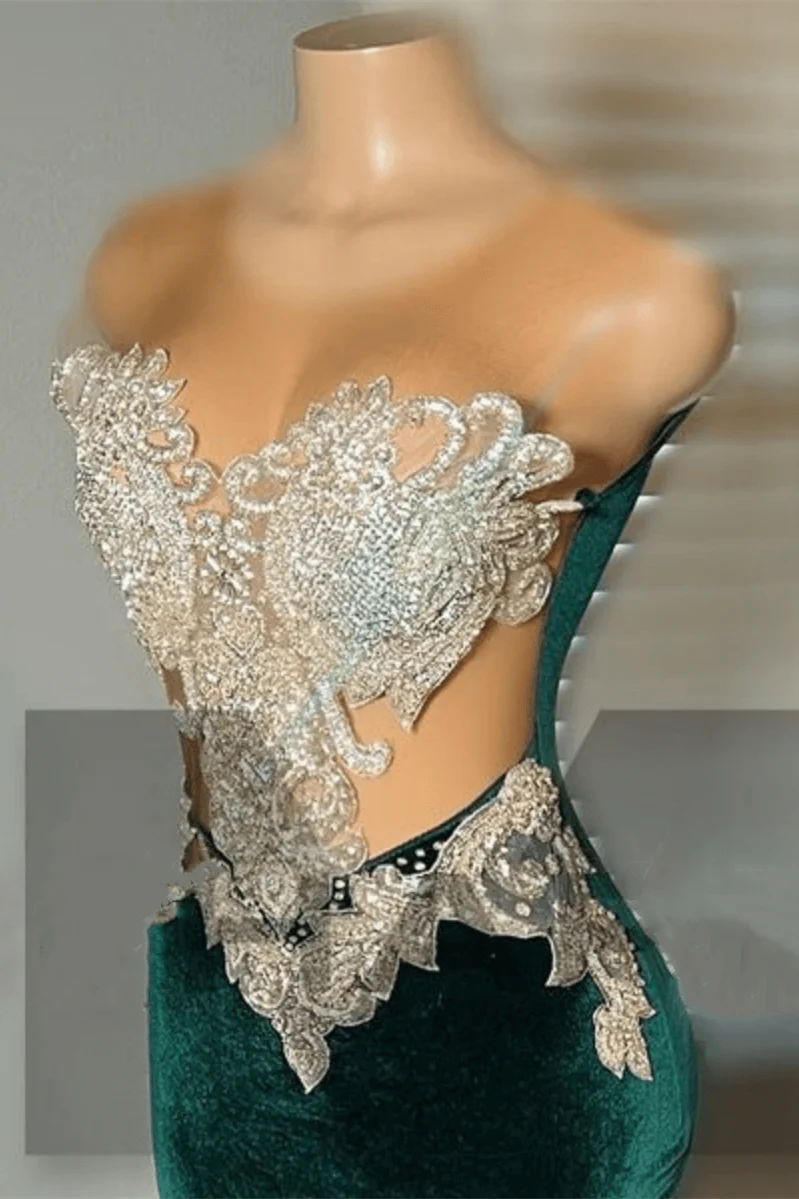 Green Velvet Mermaid Beadings Sheer Tulle Sexy Prom Dress - Image 3