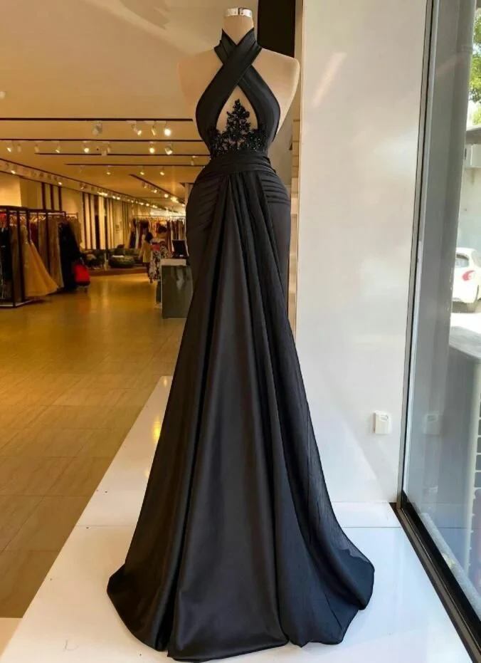 Halter Black Keyhole A-line Satin Floor length Prom Dresses - Image 2