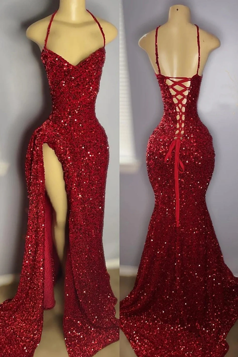 Straps Burgundy High Split Floor Length Prom Dresses - Image 2