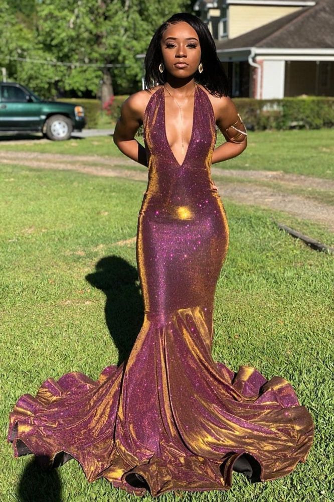 Halter Chic V-neck Sparkle Prom Dresses Fit and Flare Sleeveless Elegant Evening Gowns - Image 2