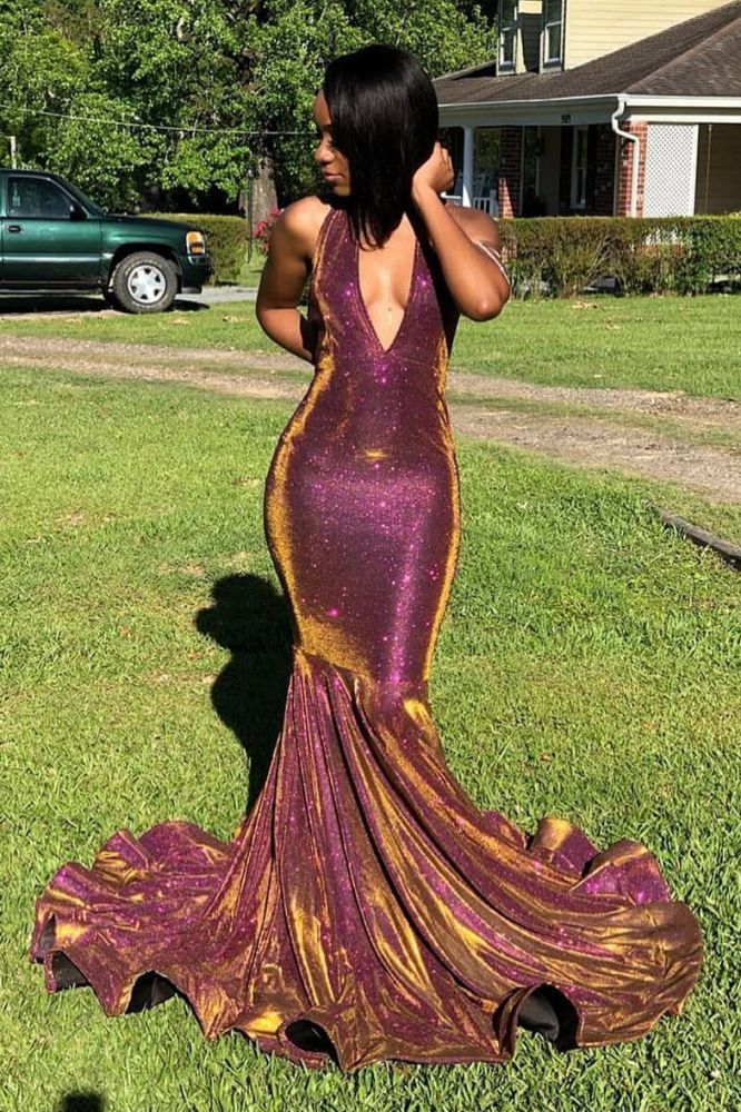 Halter Chic V-neck Sparkle Prom Dresses Fit and Flare Sleeveless Elegant Evening Gowns - Image 3