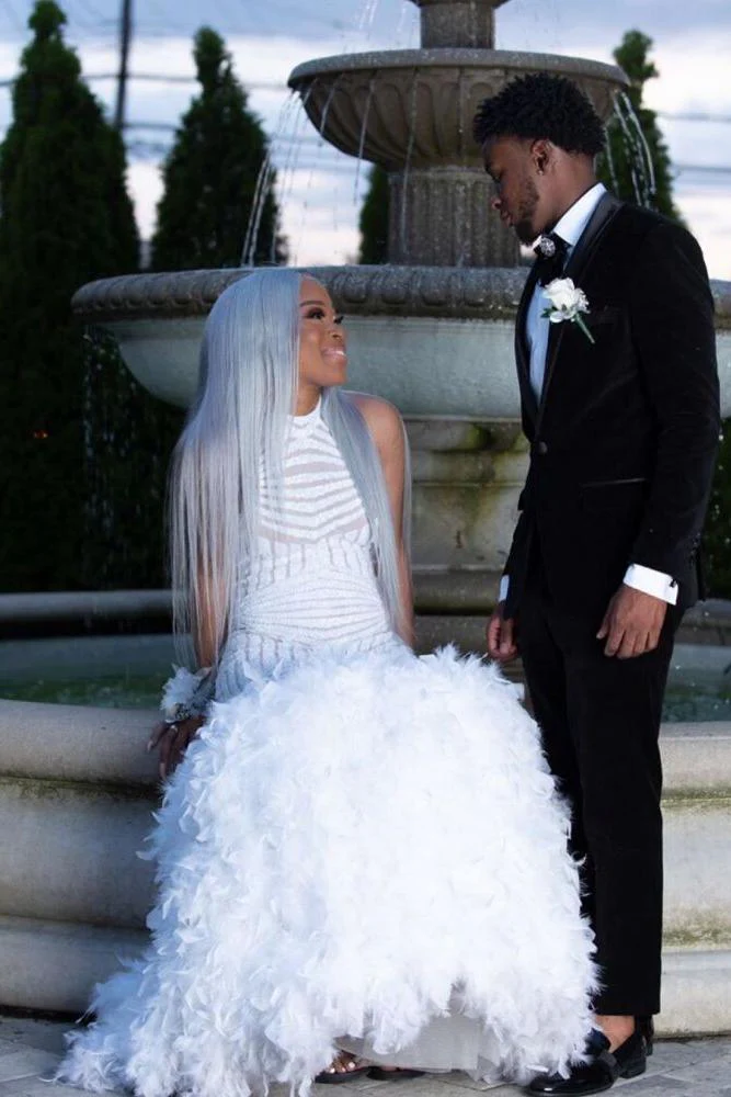 Halter Feather Fit and Flare Prom Dresses Alluring Open Back Sleeveless Evening Gowns - Image 2