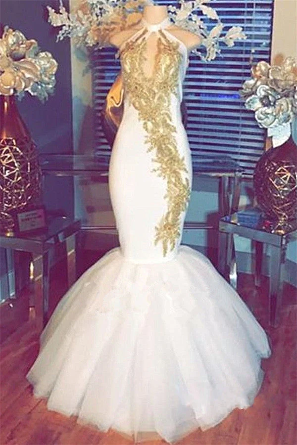 Halter Gold Beads Mermaid Prom Dresses Sleeveless White Evening Gown With Appliques - Image 2