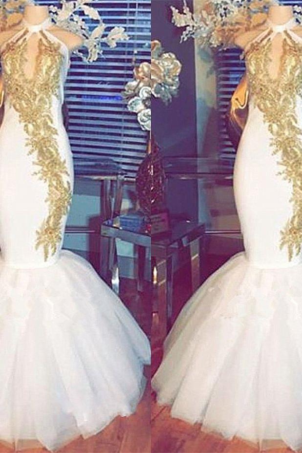 Halter Gold Beads Mermaid Prom Dresses Sleeveless White Evening Gown With Appliques - Image 3