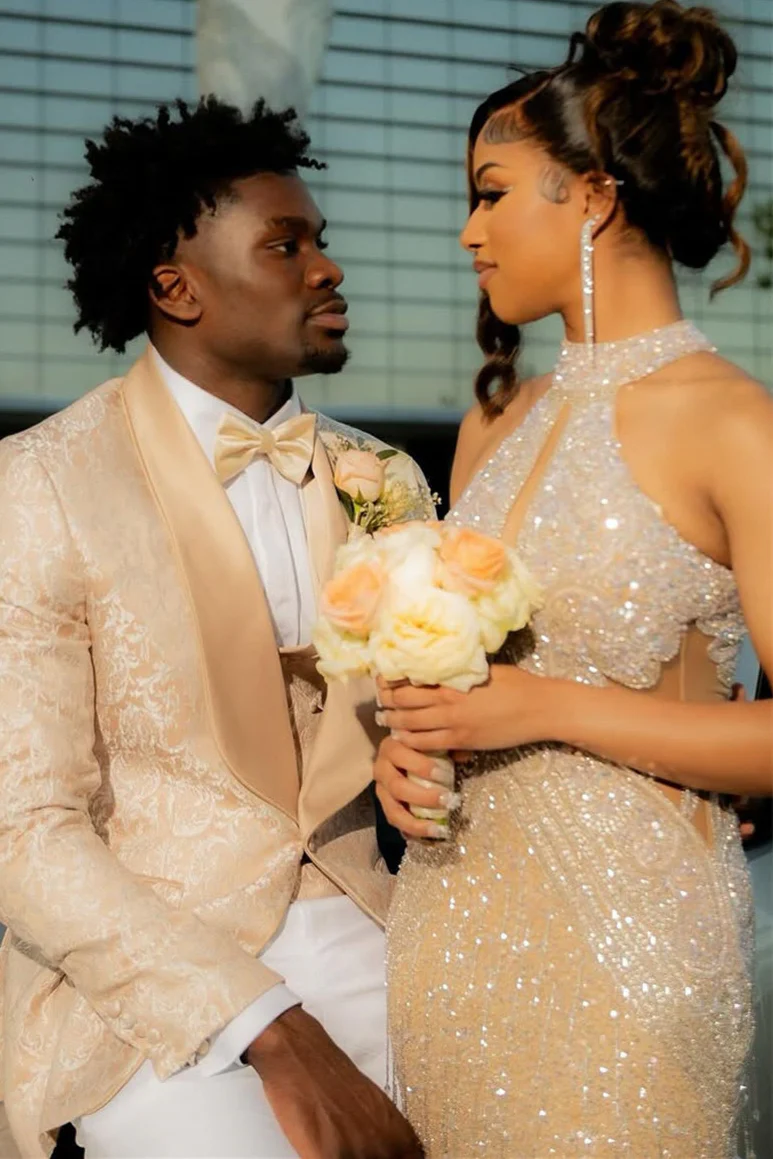 Halter High neck Champange Column Sparkle Prom Dresses - Image 2