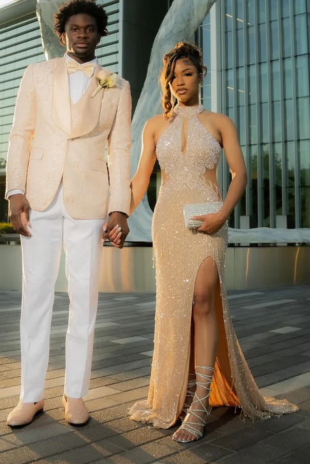 Halter High neck Champange Column Sparkle Prom Dresses - Image 4