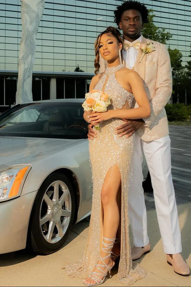 Halter High neck Champange Column Sparkle Prom Dresses - Image 8