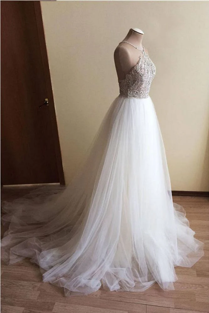 Halter Illusion neck High split A line Tulle Princess Wedding Dress - Image 2