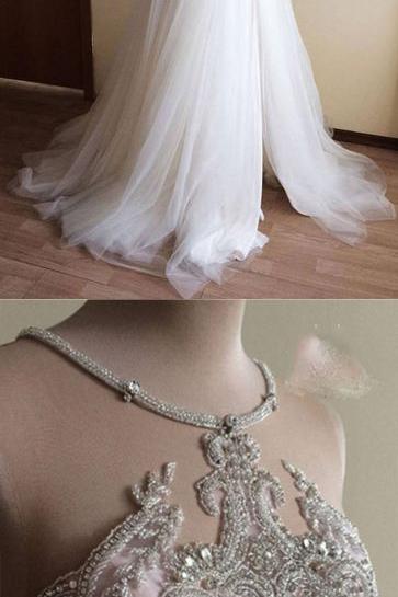 Halter Illusion neck High split A line Tulle Princess Wedding Dress - Image 4