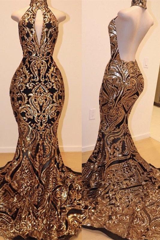Halter Keyhole Neckline Sequins Appliques Mermaid Prom Dresses - Image 2