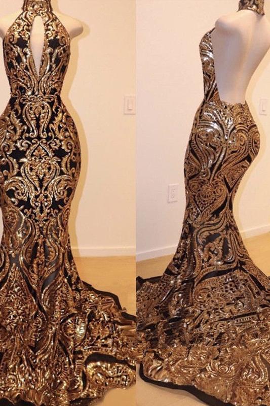 Halter Keyhole Neckline Sequins Appliques Mermaid Prom Dresses - Image 3