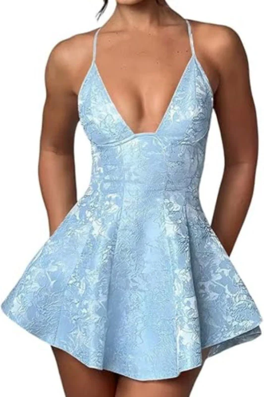 Halter Satin Mini Homecoming Dress Ruffle Floral Jacquard Short Party Dress for Girls - Image 2