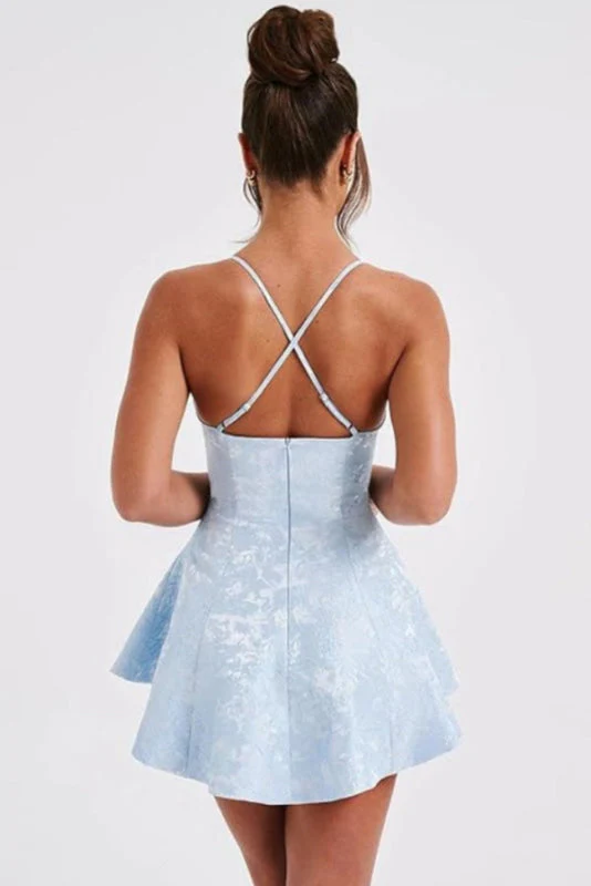 Halter Satin Mini Homecoming Dress Ruffle Floral Jacquard Short Party Dress for Girls - Image 3