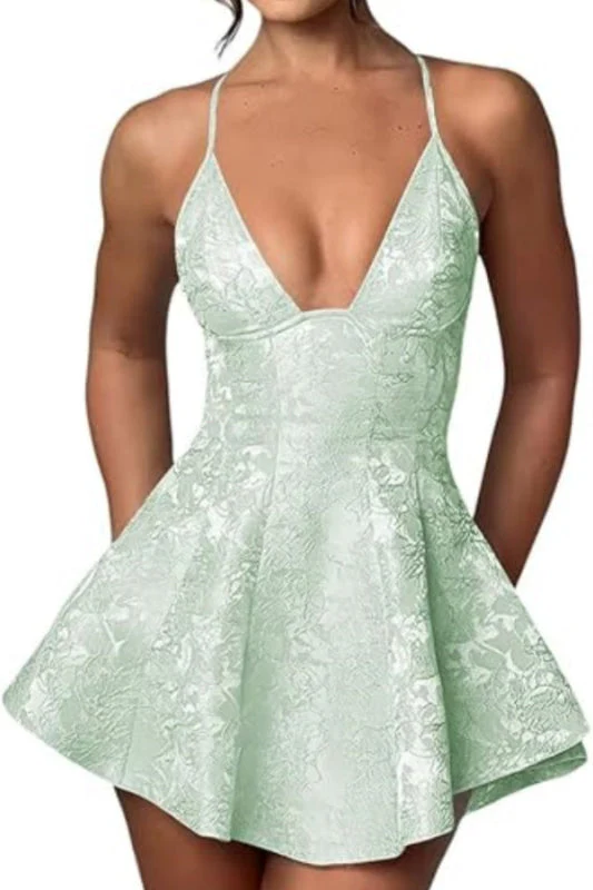 Halter Satin Mini Homecoming Dress Ruffle Floral Jacquard Short Party Dress for Girls - Image 8