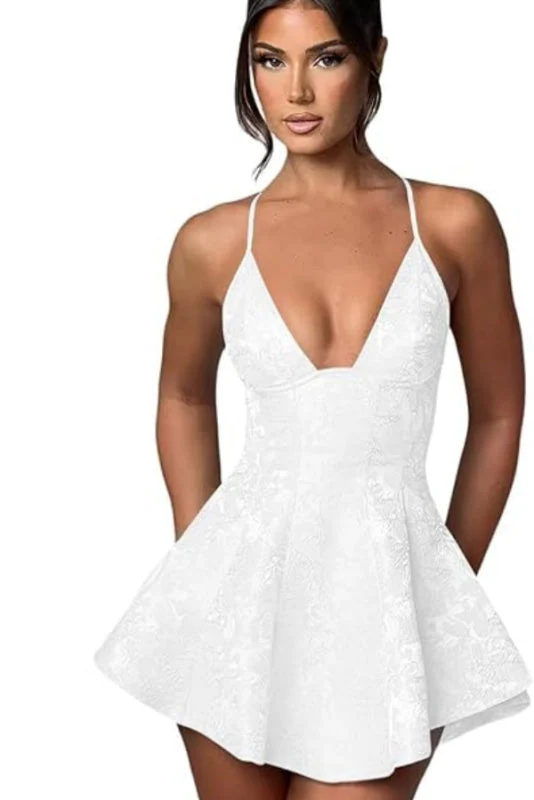 Halter Satin Mini Homecoming Dress Ruffle Floral Jacquard Short Party Dress for Girls - Image 9