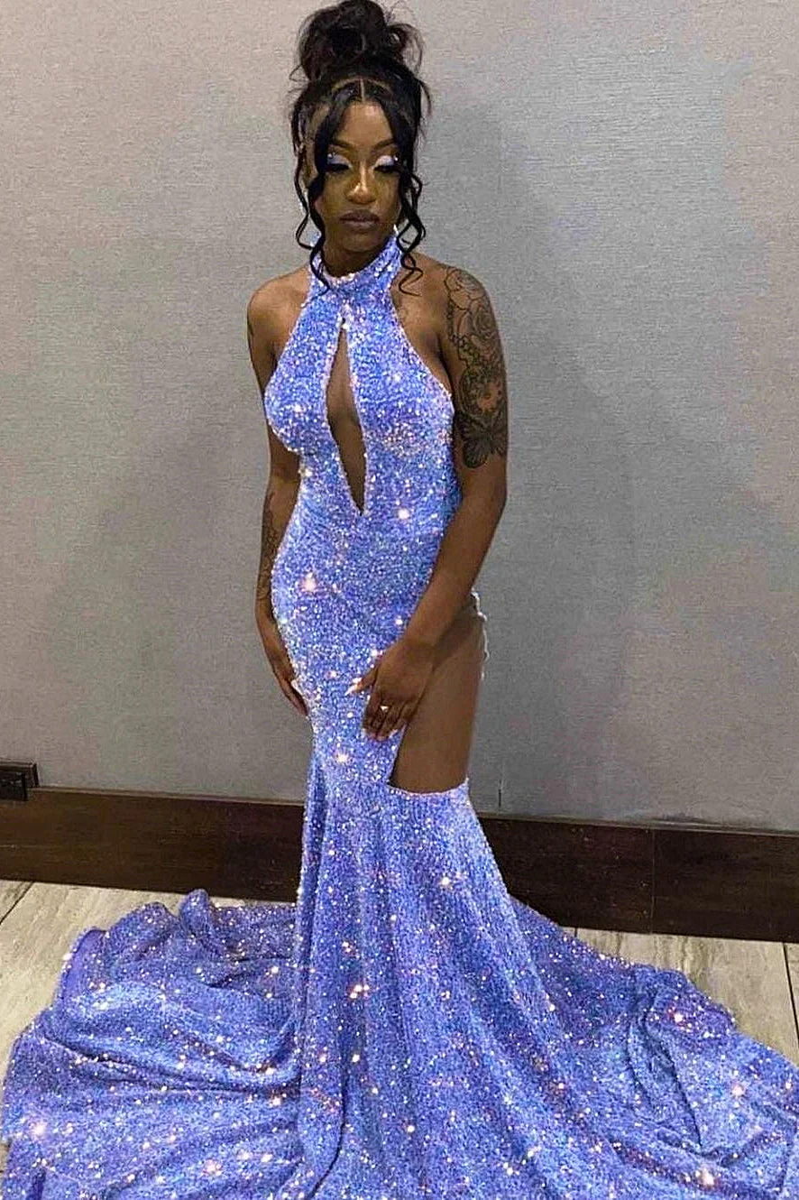 Halter Sequin Lavender Keyhole Mermaid Prom Dresses with Cutout - Image 2