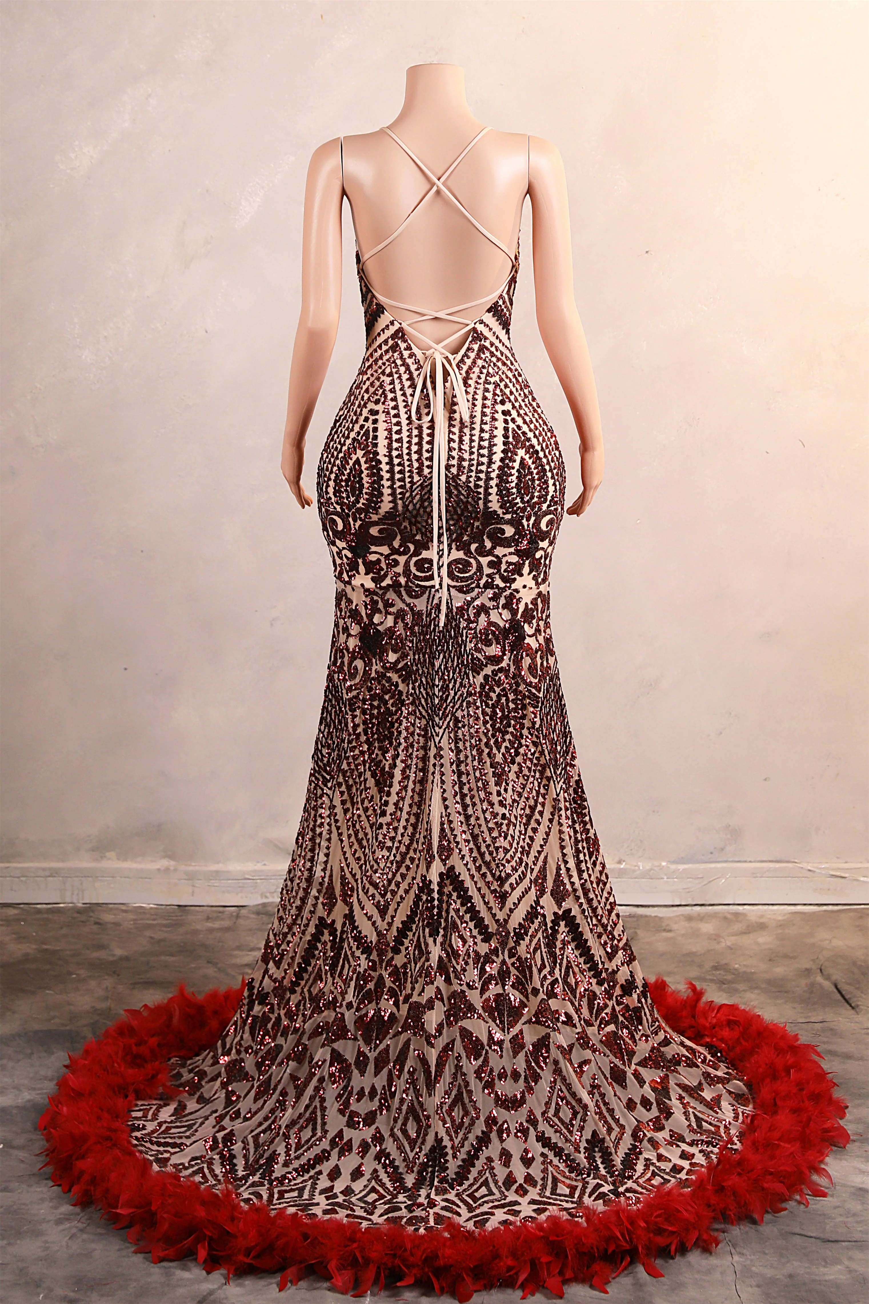 Halter Sequined Sparkle Burgundy Feathers Mermaid Prom Dresses - Image 2