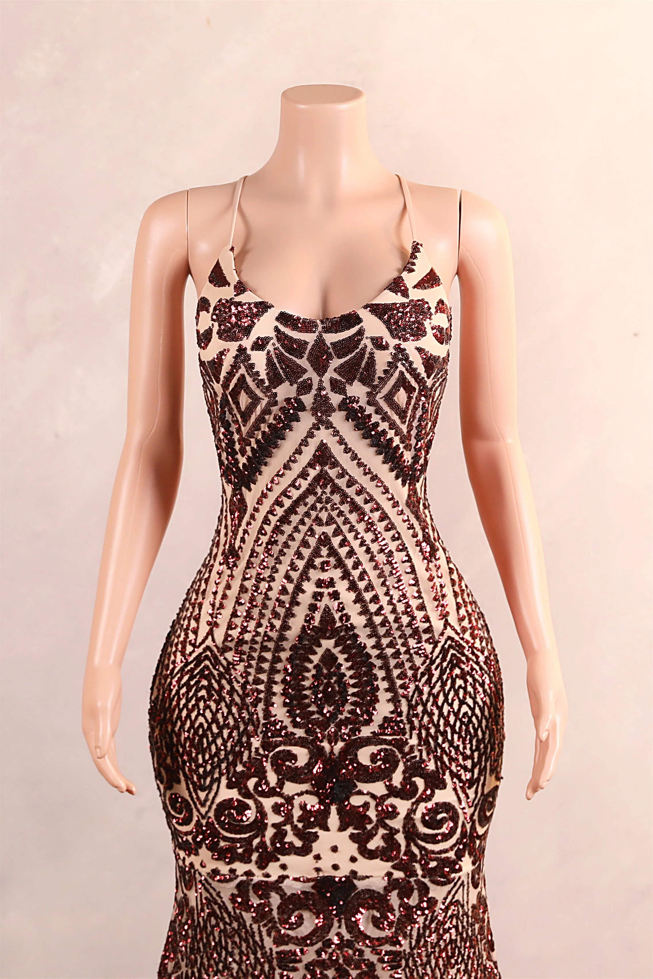 Halter Sequined Sparkle Burgundy Feathers Mermaid Prom Dresses - Image 3