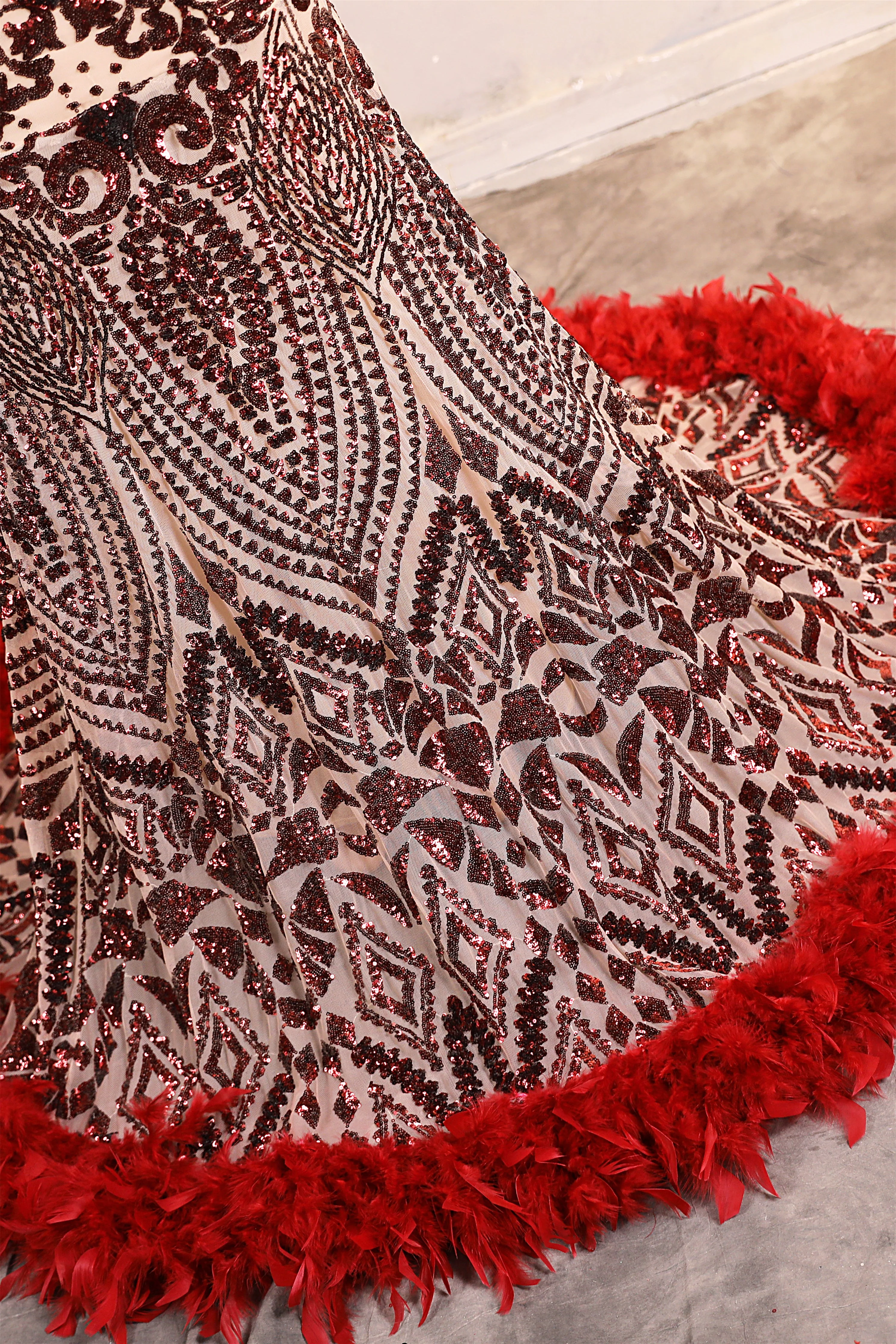 Halter Sequined Sparkle Burgundy Feathers Mermaid Prom Dresses - Image 5
