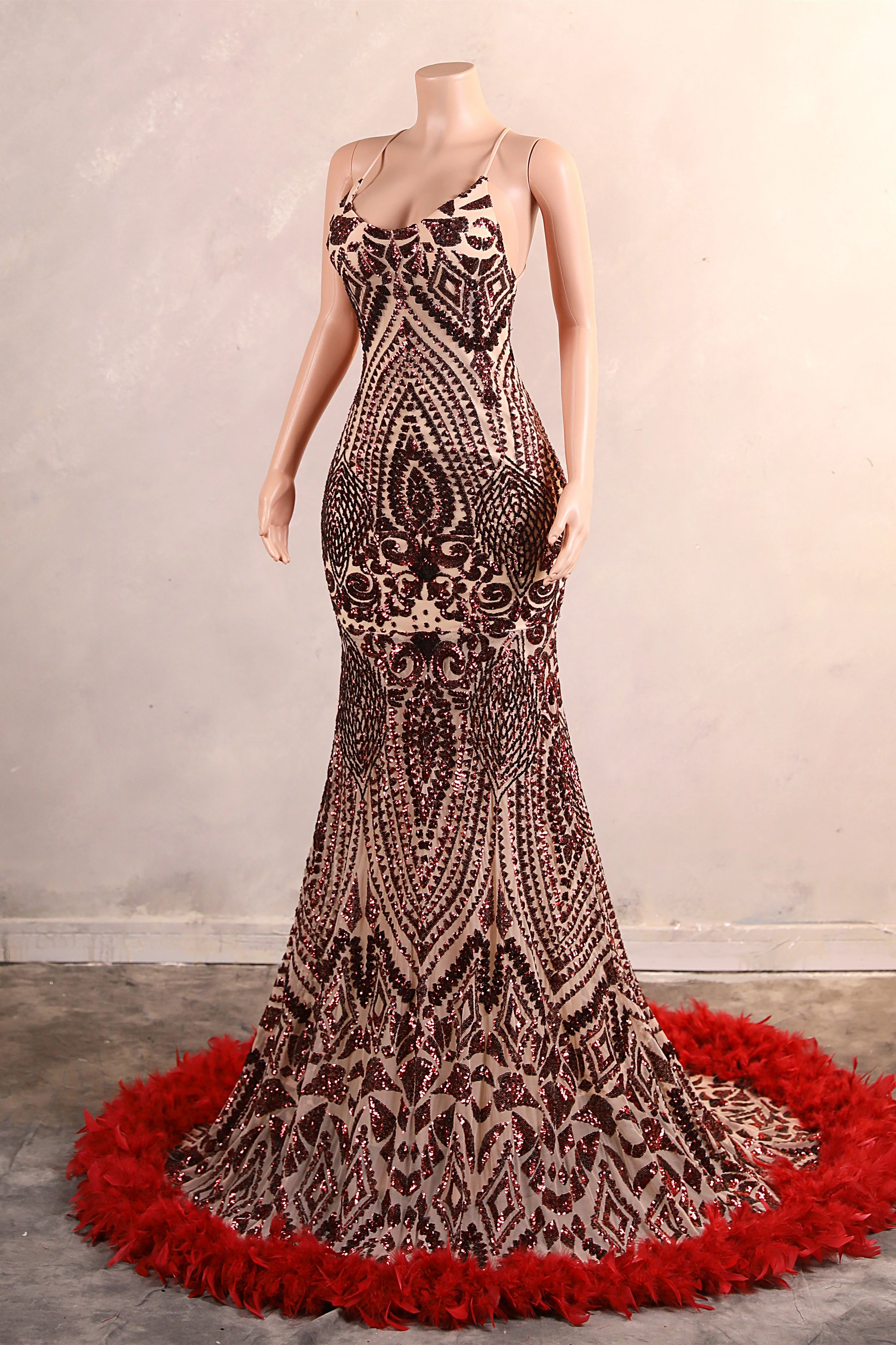 Halter Sequined Sparkle Burgundy Feathers Mermaid Prom Dresses - Image 6