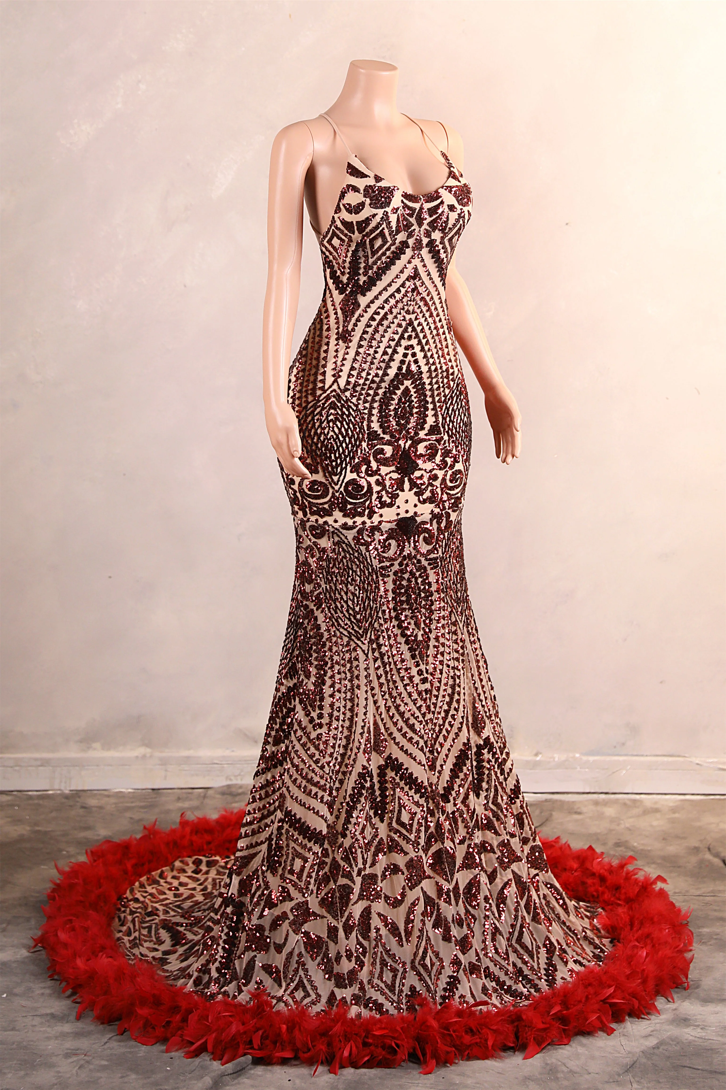 Halter Sequined Sparkle Burgundy Feathers Mermaid Prom Dresses - Image 7