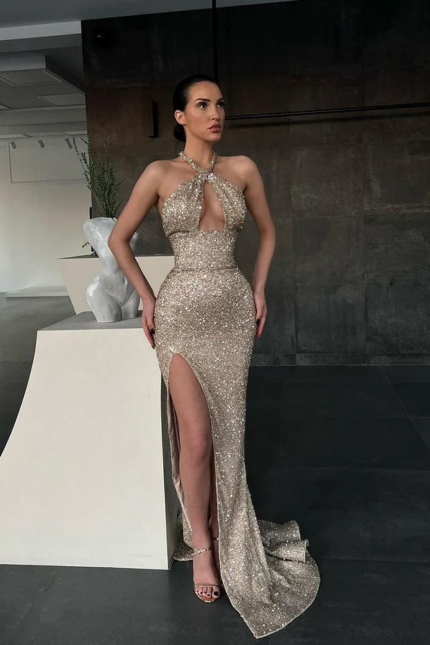 Halter Sequins Mermaid Prom Dress Sleeveless With Slit - Image 2