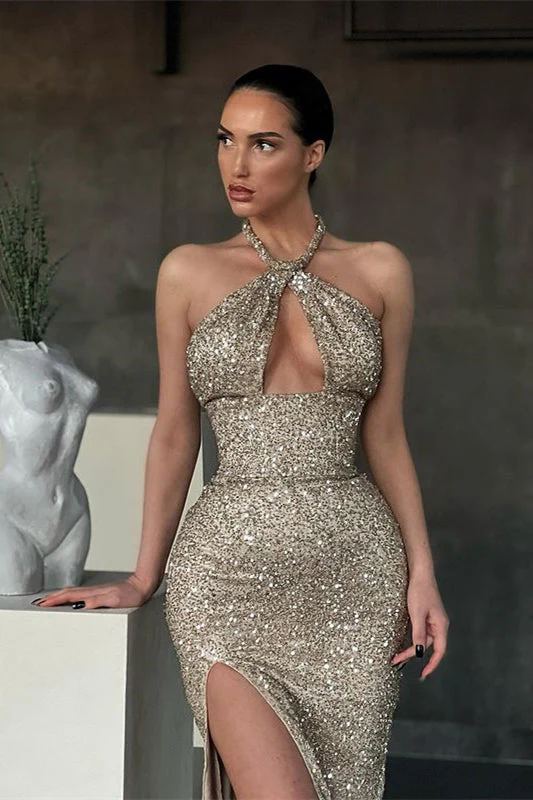 Halter Sequins Mermaid Prom Dress Sleeveless With Slit - Image 4