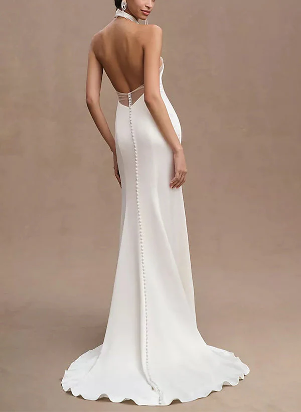 Halter Sleeveless Silk Like Satin Sheath Fitted Wedding Dresses Split Front - Image 4