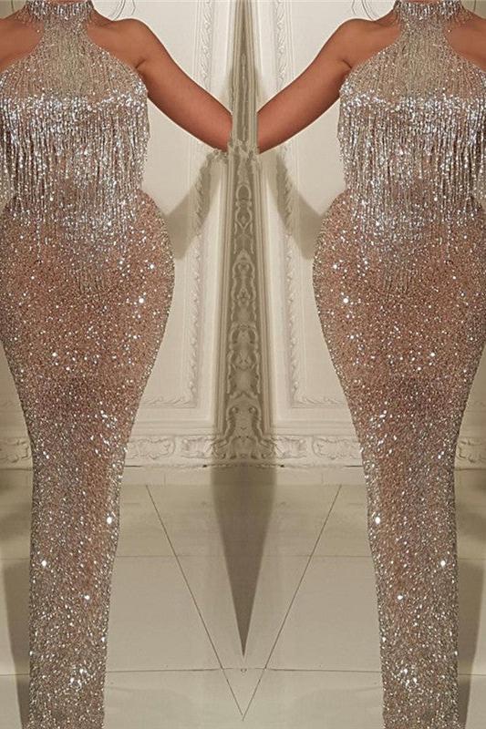 Halter Sleeveless Wholesale Prom Dresses with Tassels Fit and Flare Sparkle Sequins Discount Evening Gowns - Image 2