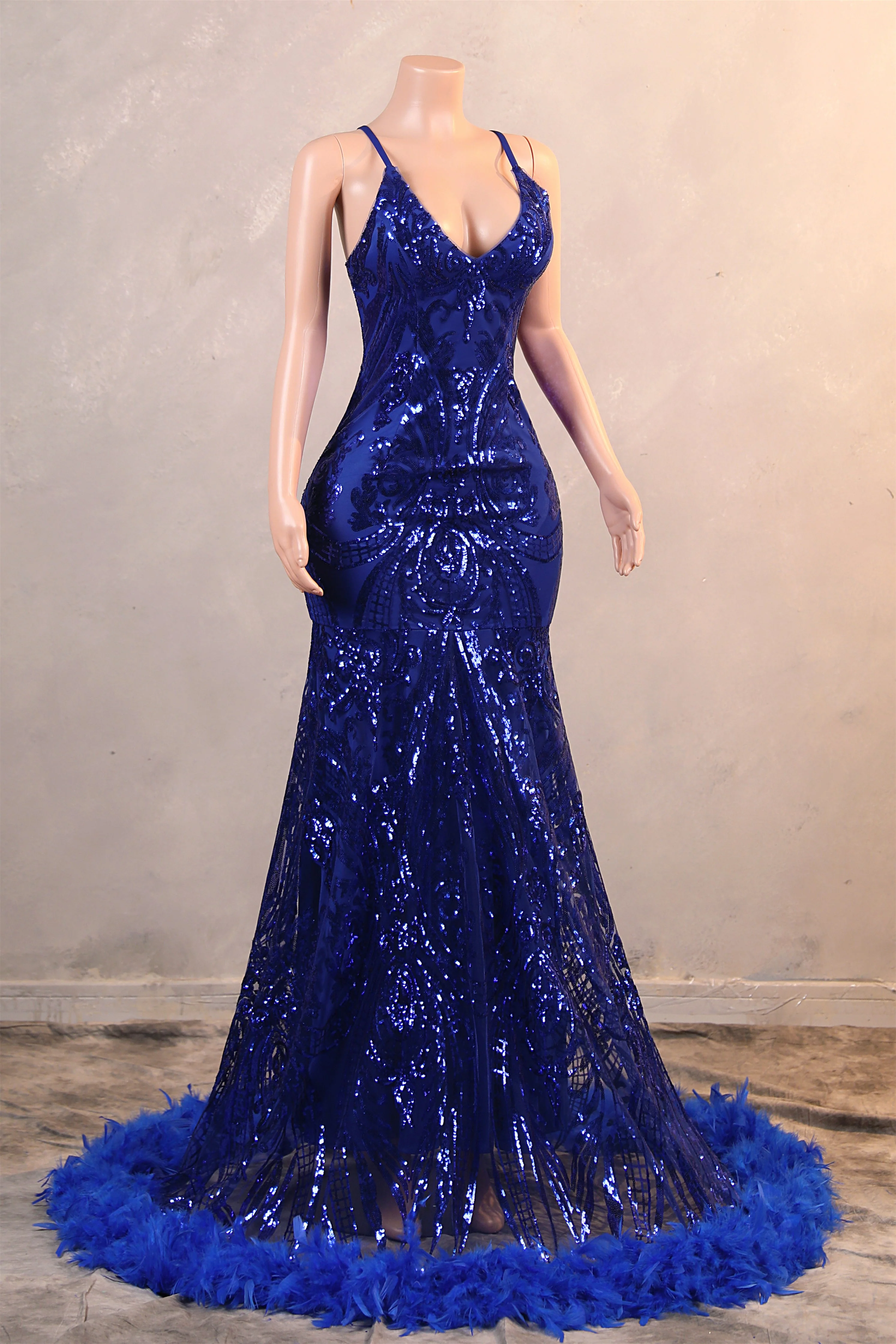Halter V-neck Royal Blue Sequin Sparkle Feathers Prom Dresses - Image 3