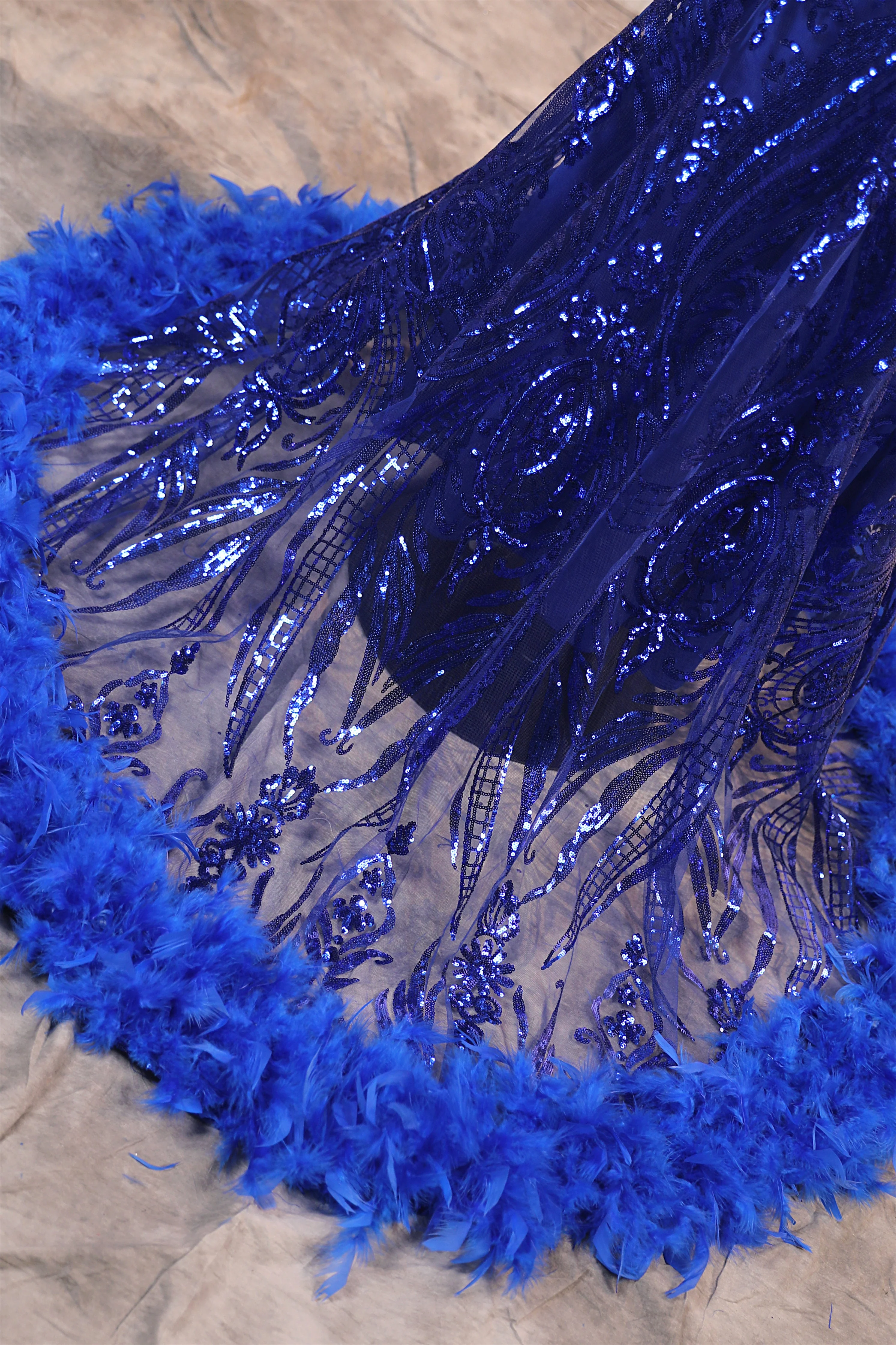 Halter V-neck Royal Blue Sequin Sparkle Feathers Prom Dresses - Image 8