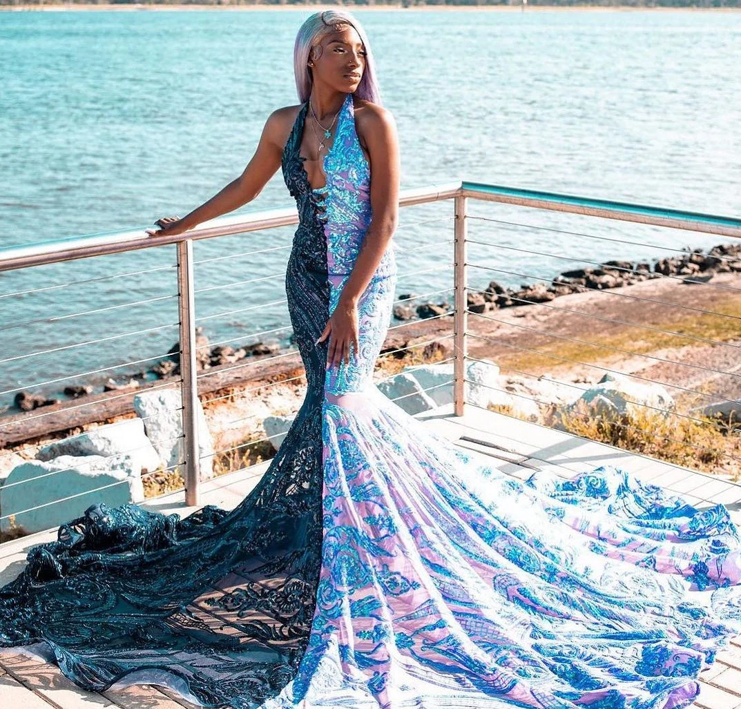 Halter V-neck Sleeveless Court Train Half Navy Blue Prom Dresses - Image 2