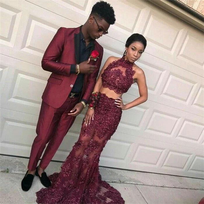 Fashion Burgundy Slim Fit Prom Party Suits for Men - Image 2