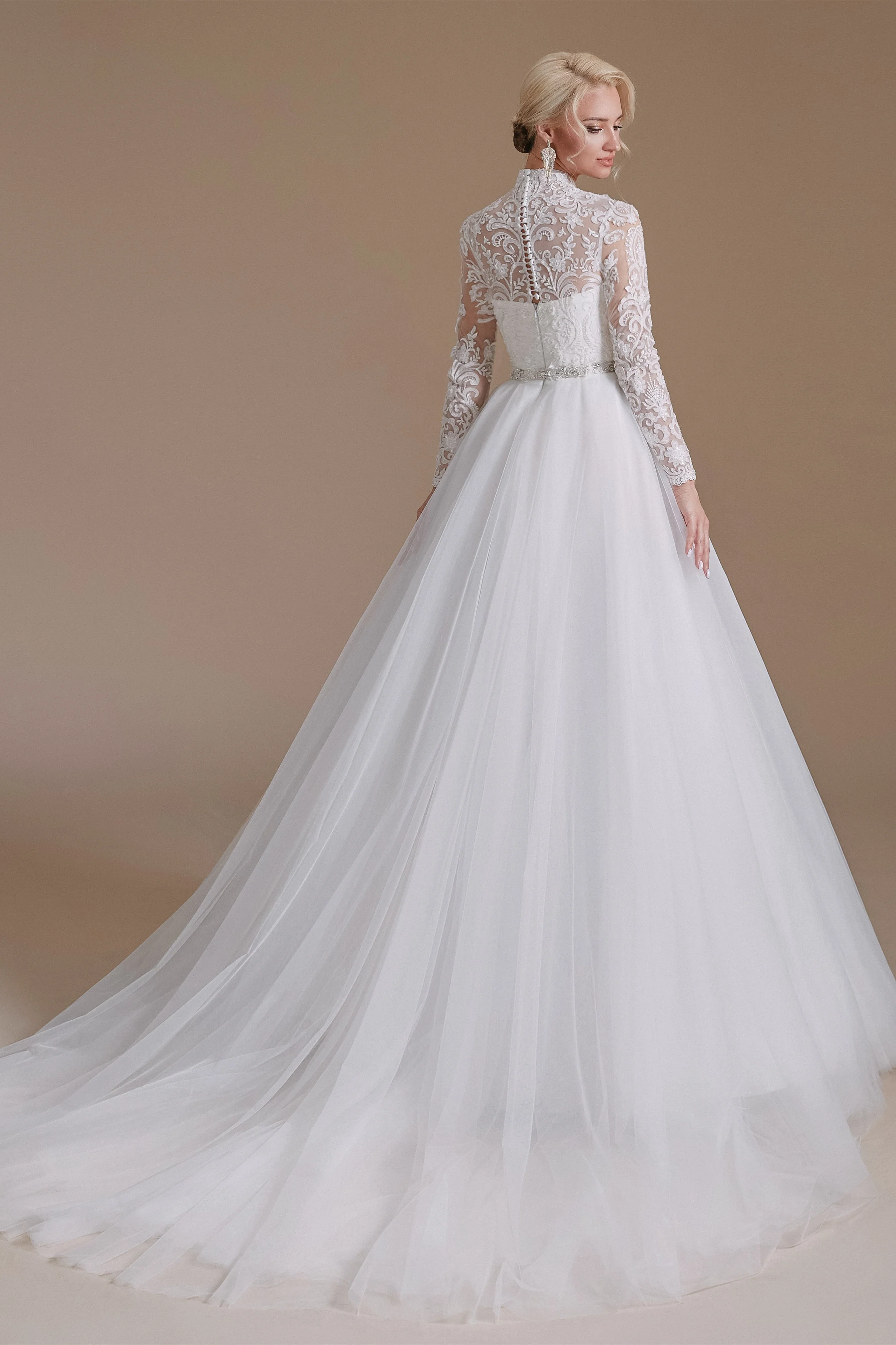 High Collar Lace Applique Long Sleeves Floor Length Wedding Dress | Ballbella Design - Image 2