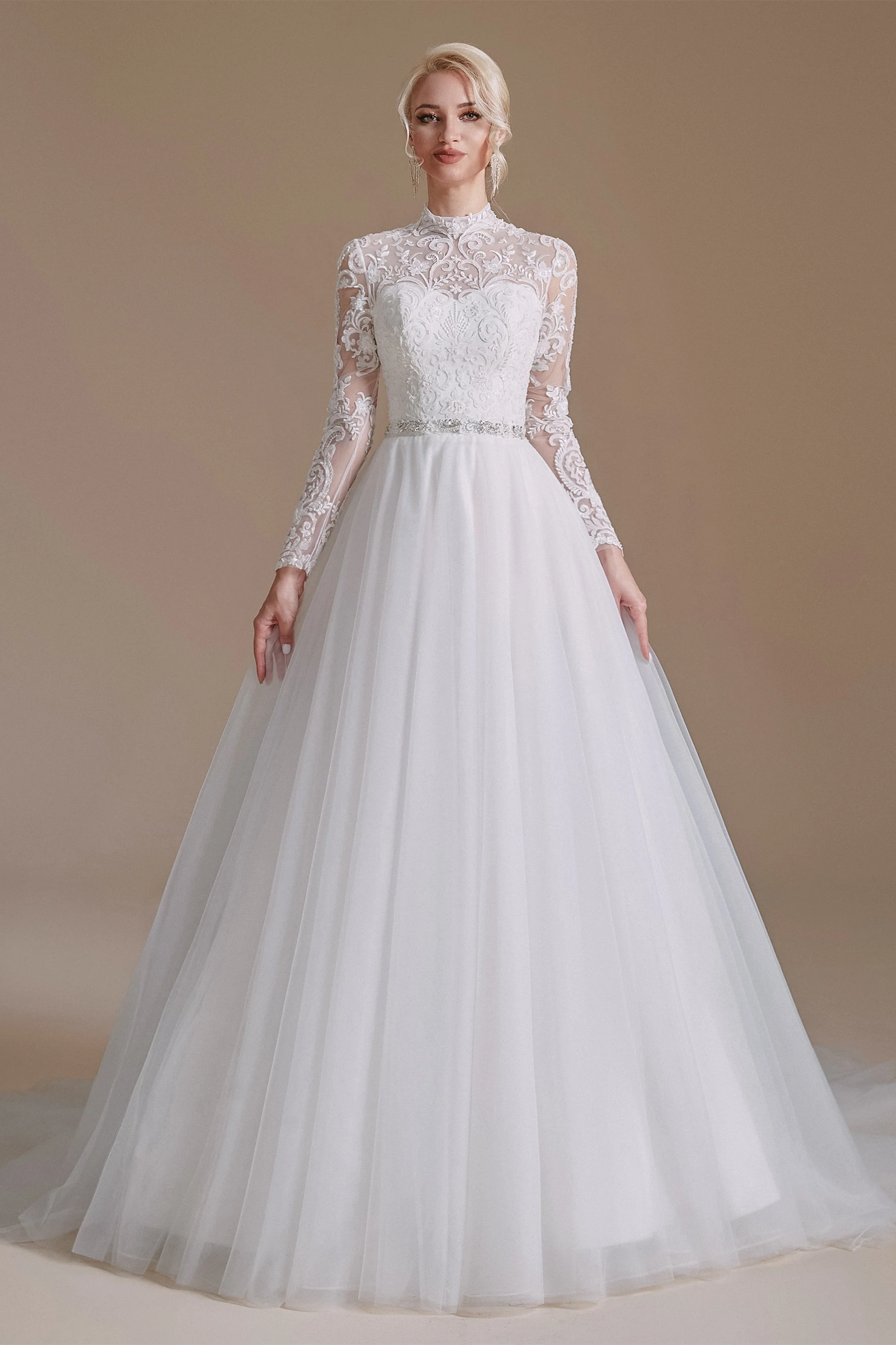 High Collar Lace Applique Long Sleeves Floor Length Wedding Dress | Ballbella Design - Image 3